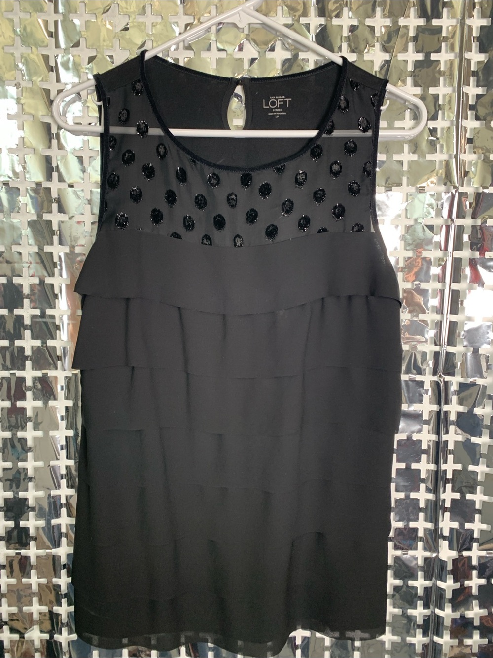 LOFT Black Beaded Tiered Chiffon Sleeveless Camisole